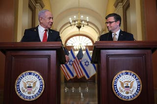 Speaker of the House Mike Johnson (R-LA) (R) and Israeli Prime Minister Benjamin Netanyahu deliver remarks following a meeting at the U.S. Capitol. Netanyahu is in Washington for talks with Republican Congressional leaders after visiting the White House for meetings with President Donald Trump